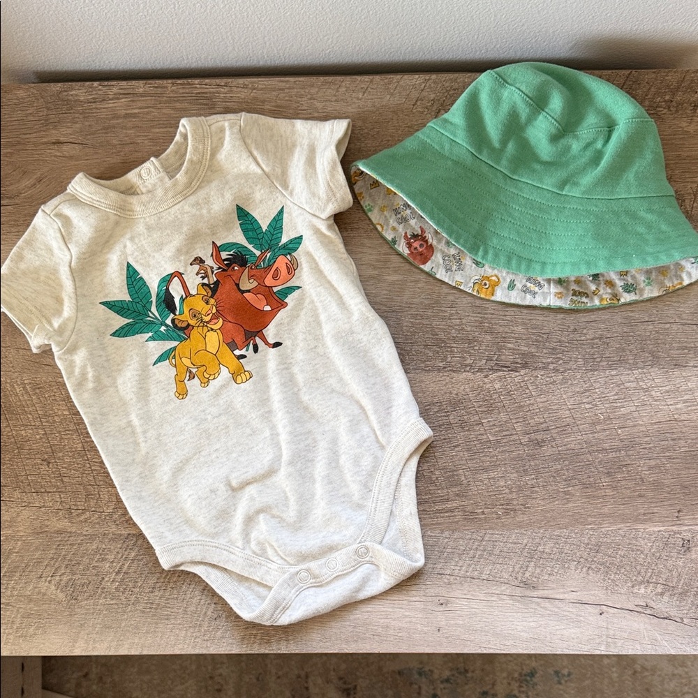 Disney Baby Neutral Lion King One-Piece Bodysuit 12-18m with Bucket Hat 12m